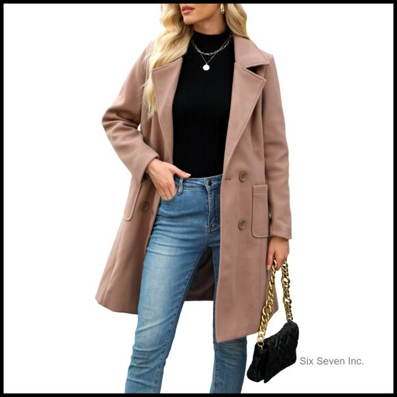 Winter Wool Blend Pea Coat Double-Breasted Notch Lapel Long Sleeve